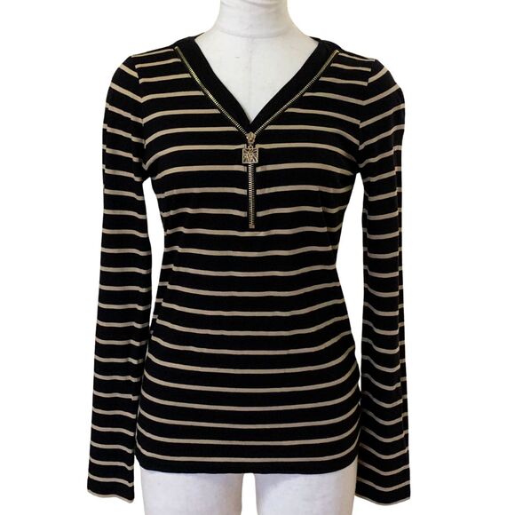 Anne Klein Tops - Anne Klein V-Neck Zip Front Long Sleeve Top Tan and Black Stripe Sweater Size S
